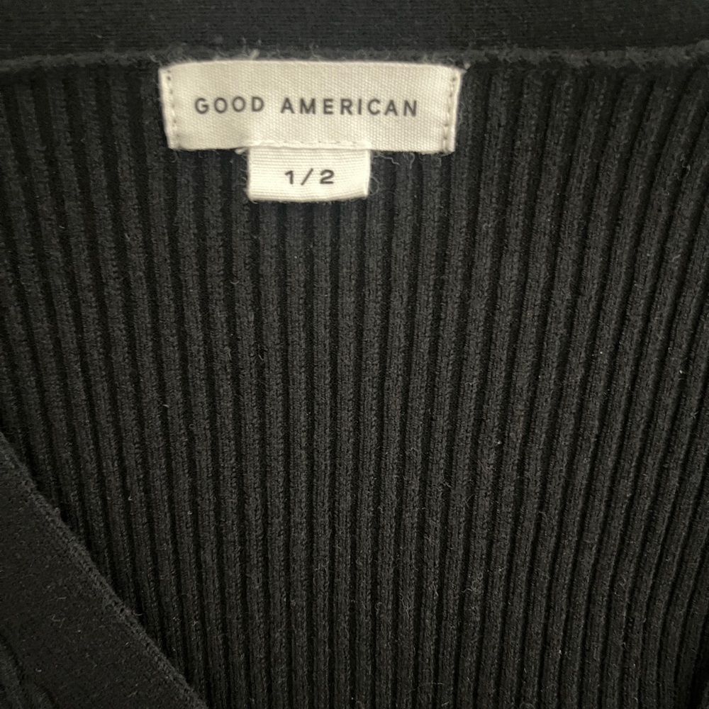 GOOD AMERICAN Black Cropped Cardigan Size 1/2 Ribbed Knit Cozy - Picture 6 of 7